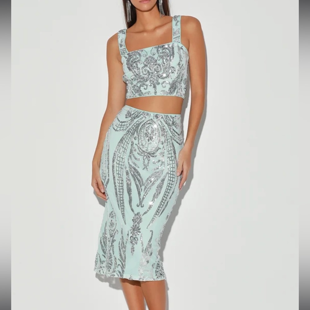 Lulus Beaming Lights Light Blue Sequin Two-Piece Midi Dress